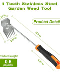 Stainless Steel Hand Weeder With Anti Slip Rubber Handle Handy Portable Weeding Tool For Gardens Ergonomic Uprooting Weed Tool For Vegetable Beds And Farms Durable Easy Digging And Weeding In All Soil Types with six tooth design and dimensions.