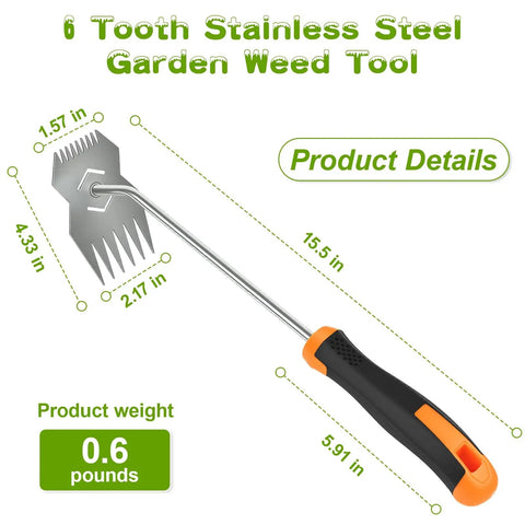 Stainless Steel Hand Weeder With Anti Slip Rubber Handle Handy Portable Weeding Tool For Gardens Ergonomic Uprooting Weed Tool For Vegetable Beds And Farms Durable Easy Digging And Weeding In All Soil Types with six tooth design and dimensions.