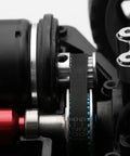 Belt Drive Transmission Kit For 1 By 10 On Road RC Cars showing black belt with aluminum 32T and 16T pulleys installed on TT-02 4WD