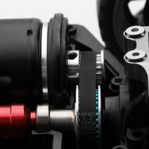Belt Drive Transmission Kit For 1 By 10 On Road RC Cars showing black belt with aluminum 32T and 16T pulleys installed on TT-02 4WD