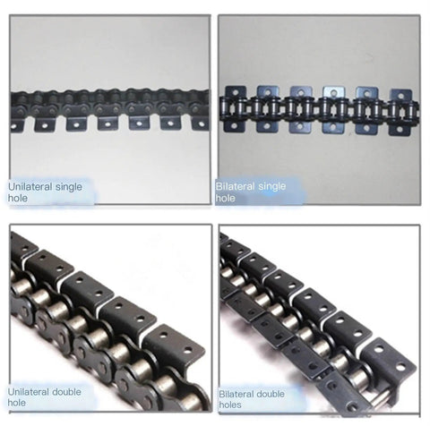 Heavy Duty 12A1 Short Pitch Conveyor Chain With K1 And K2 Drag Attachments 1.5 Meter 40Mn Alloy Steel Roller Link close-up of single and double hole designs.