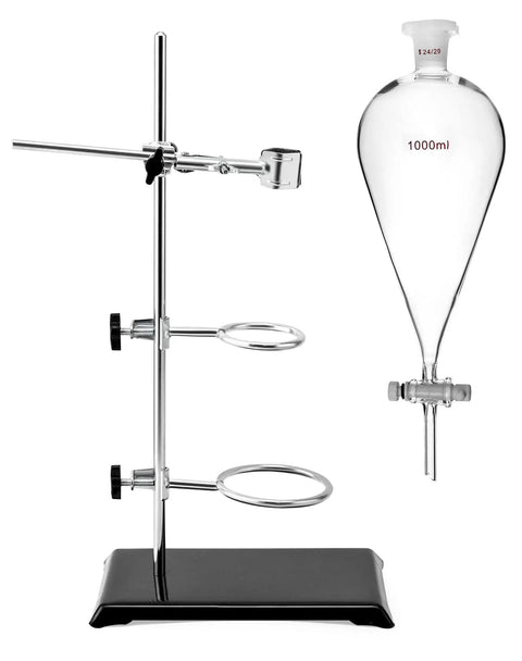 Beefy 1000ml Heavy Duty Conical Separating Funnel With 24 29 Joint PTFE Stopcock And Lab Distillation Support Rack For Stable Titration And Liquid Liquid Extraction, with stand