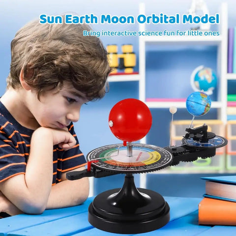 Hands On Solar System Model With Light For Kids And Teens, Totally Kid Friendly Orrery That Demonstrates Sun Earth Moon Dynamics In A Fun Planetarium Science Kit. Boy viewing plastic solar system model on desk