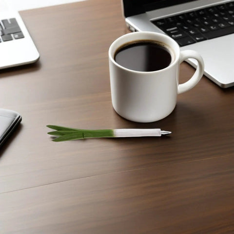Scallion Shape Wooden Gel Ink Two Piece Pen Set With Comfortable Grip and Easy Care Plastic Body on a desk with coffee