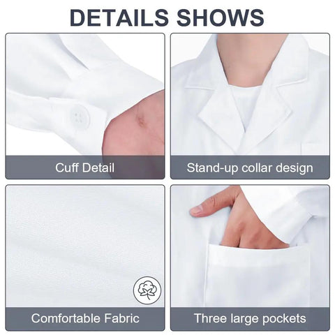 Close-up details of Unisex White Lab Coat For Students And Pros, Spillproof Medical Coat With Durable Fabric, XXL Size