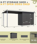 Dimensions of 2 In 1 Outdoor Storage Shed And Gazebo Combo With Lean To And Pergola, showing metal frame and weather-resistant features