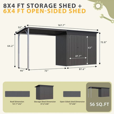 Dimensions of 2 In 1 Outdoor Storage Shed And Gazebo Combo With Lean To And Pergola, showing metal frame and weather-resistant features