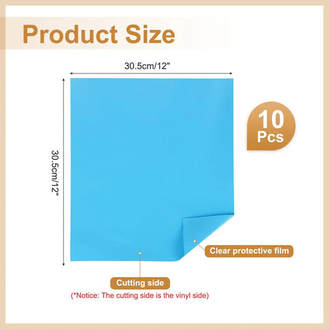 Light Blue Adhesive Vinyl Sheets Bundle 10 Pcs 12 By 12 Self Adhesive Matte Metallic Vinyl showing size and cutting side