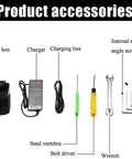 Product accessories for Heavy Duty Automatic Strapping Tool including battery, charger, tools, and screws.