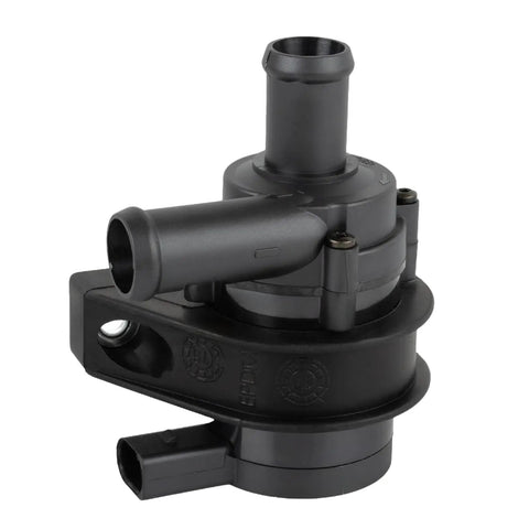 High Grade Auxiliary Cooling Water Pump With Connector Plug And Play Drop In Replacement For VW Golf Jetta Passat And Audi A3 A4 TT Engines side view showing durable plastic build and connection ports.