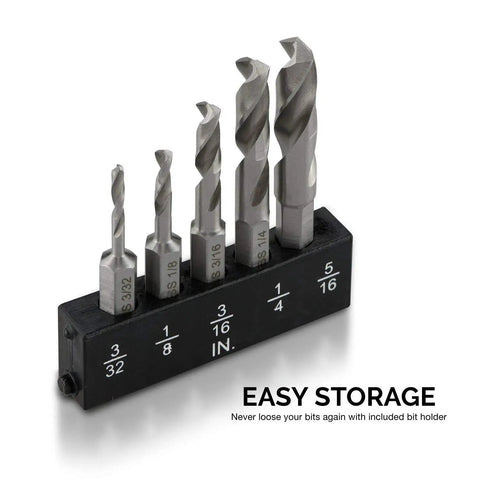 Stubby Drill Bit Set For Metal, Five Piece One Quarter Inch Quick Change Hex Shank, M2 High Speed Steel, includes bit holder