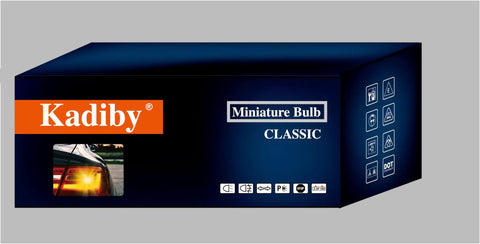 Box of Kadiby Miniature Bulbs with 12 Pack 2057 1157 2357 Tail Brake Turn Signal Bulbs Long Lasting White Clear Halogen S25 P21 5W