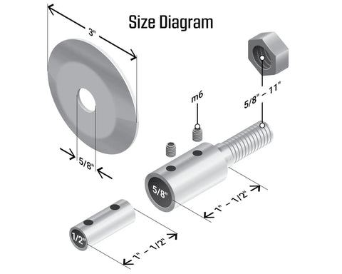 Size diagram of Heavy Duty Bench Grinder Extension Adapter, detailing measurements and components for 8-inch airway wheels.