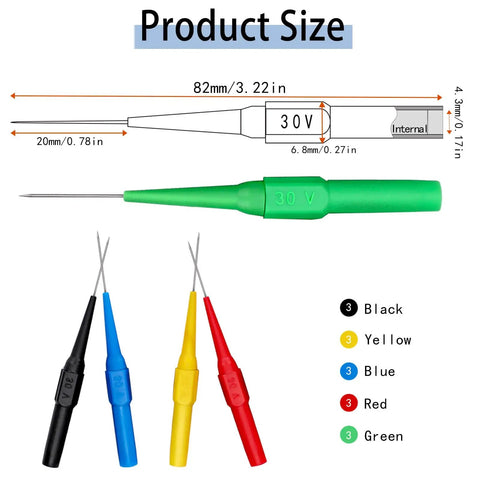 15 Piece Back Probe Pin Set for Multimeters and Car Testers, Wire Piercing Insulation Probes with size dimensions shown