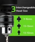 Smooth Operation Universal Ratchet Drill Chuck Key Wrench Set With Dual Socket Heads And Rock Solid Magnetic Grip showing 3 interchangeable head sizes.