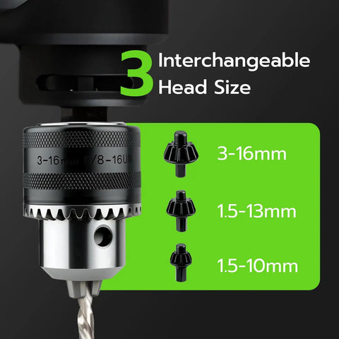 Smooth Operation Universal Ratchet Drill Chuck Key Wrench Set With Dual Socket Heads And Rock Solid Magnetic Grip showing 3 interchangeable head sizes.