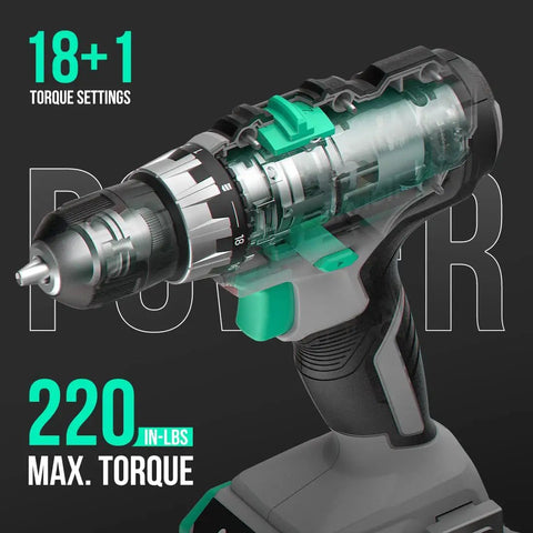 Transparent view of Cordless Drill Kit With 20V Max Power, 3/8 Inch Keyless Chuck, 18 Plus 1 Clutch Settings, Variable Speed