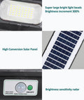 JUDYSSY Solar Lights Outdoor - 300W Led Solar Street Light Motion Sensor with bright LED beads and solar panel close-up.