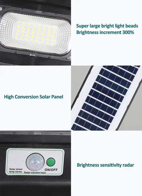 JUDYSSY Solar Lights Outdoor - 300W Led Solar Street Light Motion Sensor with bright LED beads and solar panel close-up.