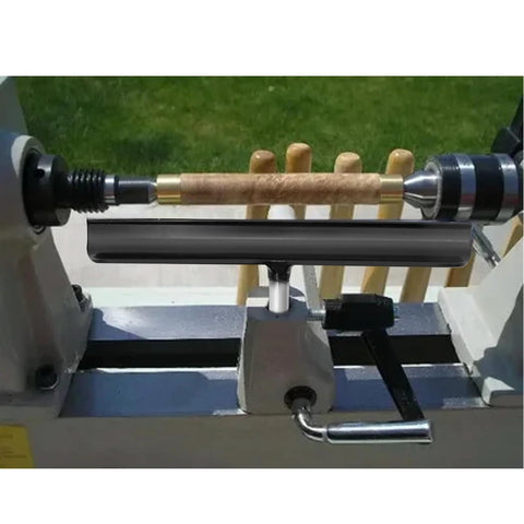 Installed Vkinman 12-inch lathe tool rest with 5/8-inch post, stainless steel, on wood lathe