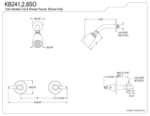 Technical drawing of Magellan Wall Mount Shower Faucet Brushed Nickel With Two-Handle Operation, 2-3/8 inch shower head dimensions.