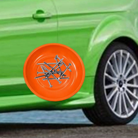 Pocket Sized Durable Quality Stainless Steel Screw Organizer Bowl Tool Tray Storage Container For Auto Parts Holder Portable Dish Grab And Go Perfect For Workshop Garage And Home Improvement With 10 Cm Diameter orange screw bowl with nails on green car door