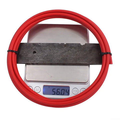 Pro Grade Mountain Bike Hydraulic Brake Hose 5mm OD Nylon 2mm ID For Disc Brakes Red coiled on a scale showing 56.04 grams