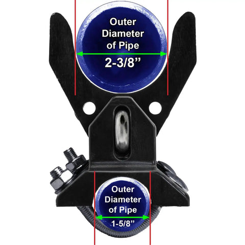 Rugged Push Style Pool Gate Latch For Chain Link Fences with pipe dimensions of 2-3/8'' and 1-5/8'' for easy mounting.