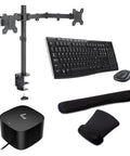 Solid Thunderbolt G4 Dock Station With 120W Power Delivery And 4K Display Support bundles ergonomic gel pads, keyboard, mouse, and dual monitor stand.