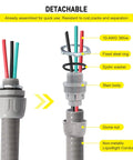 Half Inch 10 Foot Non Metallic Liquid Tight AC Whip Kit showing detachable parts and 10 AWG copper wire assembly