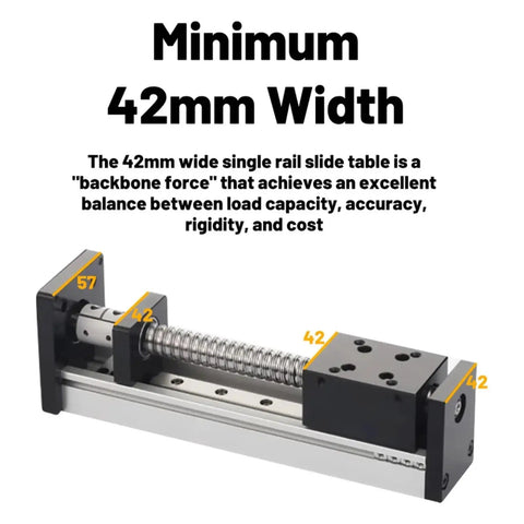Beefy 42mm Wide CNC Slide Table With SFU1204 1605 1610 Linear Guides, Monorail XYZ Axis Ball Screw Slider For Precise CNC Motion And DIY Machining Projects For High Precision Metalworking, Woodworking, And Prototyping Applications. 42mm wide single-rail slide table with ball screw