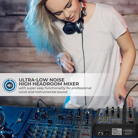 DJ using 4 Channel Digital USB Bluetooth Pro Audio Mixer With MP3 Playback, USB Flash and PC Input, 48V Phantom Power on studio console.