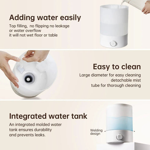 Large Room Ultrasonic Humidifier With Top Fill 2.5L Tank For Bedroom Nursery And Plants Quiet Cool Mist Up To 24 Hours Night Light Auto Shut Off No Fuss Easy To Clean And Low Noise 24dB shown with features of easy cleaning and integrated tank