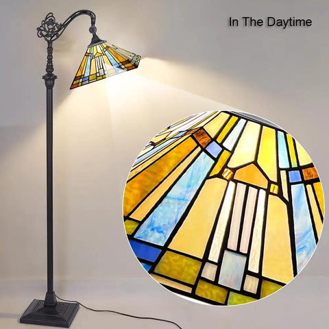 Tiffany Style Stained Glass Floor Lamp 62 Inch Tall With Adjustable Arch Reading Light in Antique Mission Design illuminated
