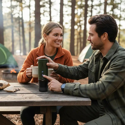 Couple using Ultra Portable Espresso Maker With Self Heating Tech On The Go, 8 Cups Per Charge And 20 Bar Pressure at campsite