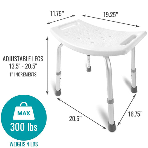 Non Slip Aluminum Shower Chair Bath Seat For Tub Or Shower, Adjustable Height, Plastic Seat, No Tools Needed, Holds 300 Pounds