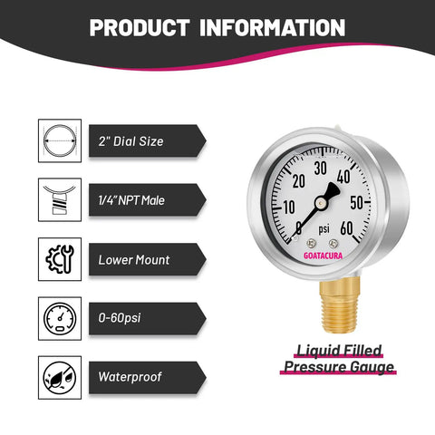 Glycerin Filled Pressure Gauge 0-60 PSI, 2 Inch Dial, 304 Stainless Steel Case, One Quarter Inch NPT Lower Mount, product details