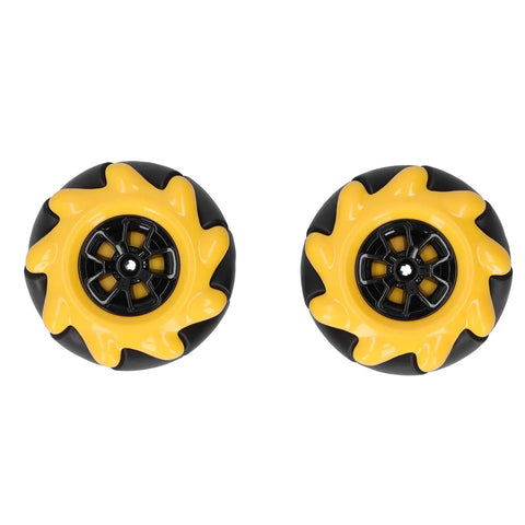 Pair of yellow 60mm Mecanum robot wheels with omni-directional design for smooth navigation on smart robot cars.
