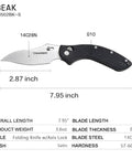 EDC Folding Knife With 14C28N Satin Blade, Rugged G10 Handle, 7.95 in overall, showing dimensions and details, Model CK3502