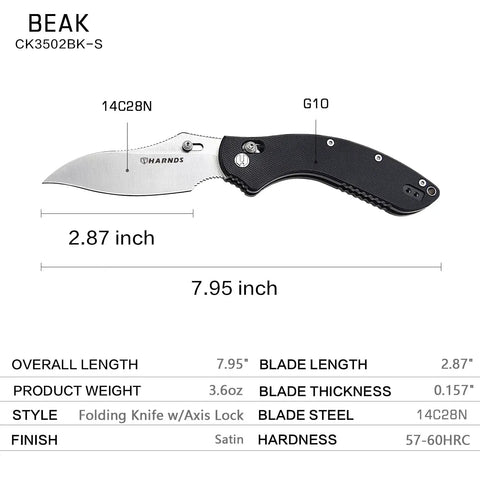 EDC Folding Knife With 14C28N Satin Blade, Rugged G10 Handle, 7.95 in overall, showing dimensions and details, Model CK3502