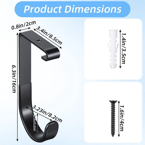 Dimensions of Six Pack Heavy Duty Garage Ceiling Storage Hooks For Bikes And Gear, black metal hook with screw and anchor.