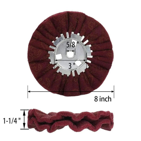 8 Inch Nonwoven Airway Satin Buffing Wheel Set For Angle Grinder 5 Eighths Arbor Hole 4 Pack For Polishing Aluminum And Stainless Steel Achieve Brushed Satin Finish Deburring And Surface Prep showing front and side view of one wheel