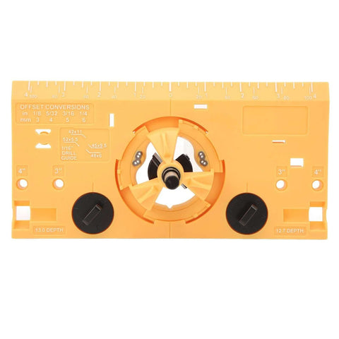 Orange 35mm hinge boring jig kit with ABS panel for woodworking, includes 1/16-inch drill bit.