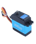 Top Shelf 35Kg Digital Servo With Full Metal Gear For RC Cars And Boats, showcasing blue and black design with multi-colored wires.