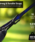 Close-up of durable nylon camping hammock for outdoors strap with reinforced stitching, showing 10 adjustable loops and 400 lb capacity.