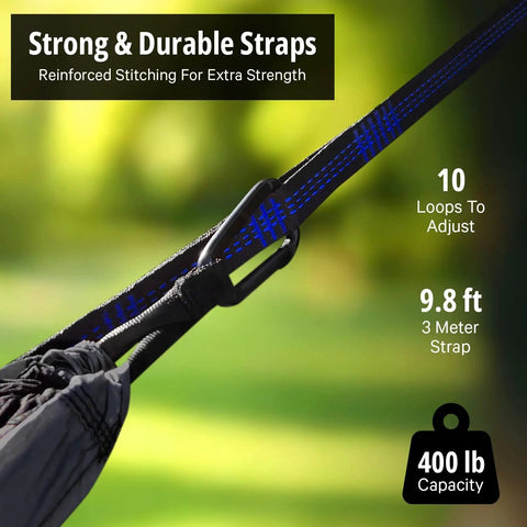 Close-up of durable nylon camping hammock for outdoors strap with reinforced stitching, showing 10 adjustable loops and 400 lb capacity.