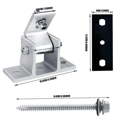 8 Pack Adjustable RV Solar Panel Mounting Brackets With 10 to 60 Degree Tilt, showing bracket, dimensions, and screw