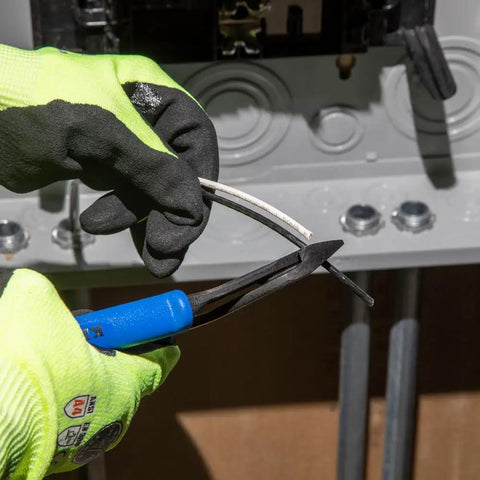 Heavy Duty 8 Inch Diagonal Cutting Pliers With Angled Head For Tight Spaces High Leverage Cutter cutting wire in electrical panel