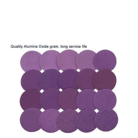 Versatile 30 Pack Sanding Discs For Drill And Rotary Tool, Premium Wet Or Dry Aluminum Oxide Grit Range 60 To 10000, Hook Loop Backing circle sanding discs in various purple shades.