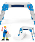 Built Tough Heavy Duty Work Platform With One-Touch Folding, 440 Lb Capacity, 3 Adjustable Heights From 11.82 To 15.75 Inches, Non-Slip Feet, Textured Surface, Blue Utility Ladder For Home Or Shop, folded and open views